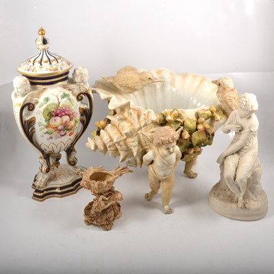 Lot 91 - German porcelain bowl designed as a shell, parian figure, shell-shaped dish and earthenware covered vase.