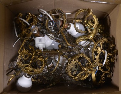 Lot 591 - Collection of gilt metal pendant light fittings with prismatic lustre drops.