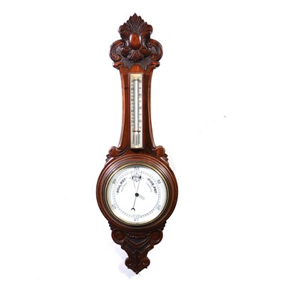 Lot 564 - Walnut aneroid banjo shape wall barometer