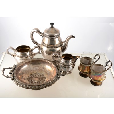 Lot 127 - WMFM twin-handled pedestal basket, Finnish silver-plated hot toddy cups with glass liners and flatware..