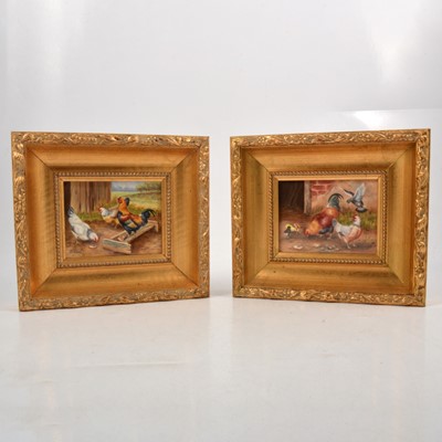 Lot 108 - Pair of painted porcelain panels depicting chickens, signed F Clark.