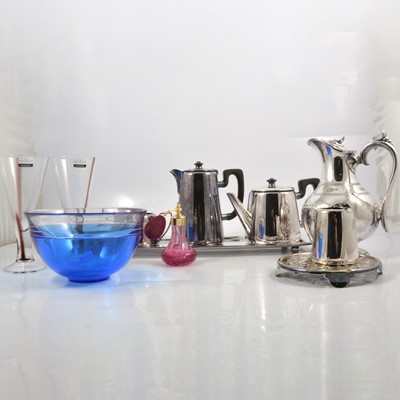 Lot 113 - A Swedish  Orrefors blue glass bowl, pair of Dartington glasses, Caithness atomiser, plated ware.