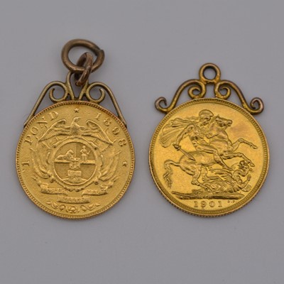 Lot 298 - A Gold Full Sovereign, a Gold 1 Pond, both with soldered tops.
