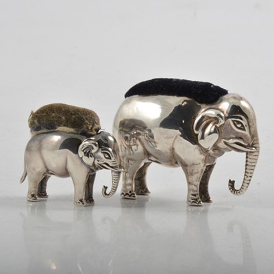 Lot 221 - Two Edwardian silver novelty pin cushions, designed as elephants