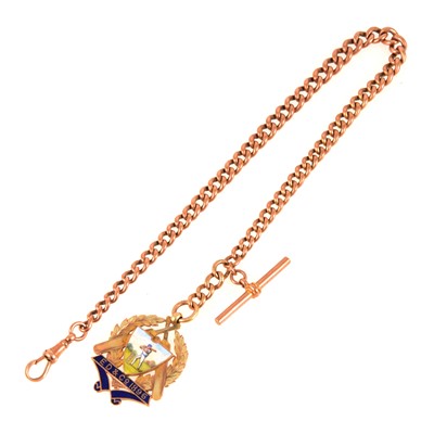 Lot 105 - A 9 carat rose gold Albert watch chain and cricket medallion.