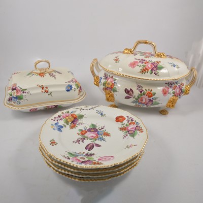Lot 49 - Crown Derby, four handpainted dinner plates and two lidded tureens, circa 1815.