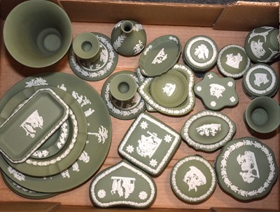 Lot 60 - Wedgwood green jasperware vase, pair of candlesticks, spill vases, trinket boxes, plates etc.