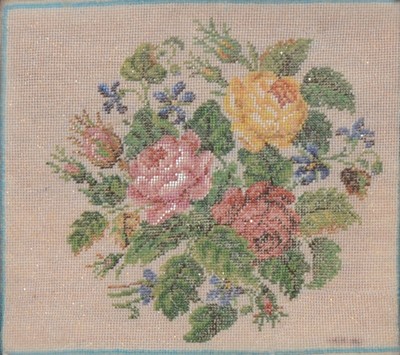 Lot 179 - Victorian beadwork panel and five painted china pin dishes, frramed.