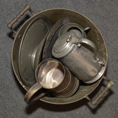 Lot 131 - Brass jam pan, W R rumble or crotal bell, pewter plate, tankards etc.