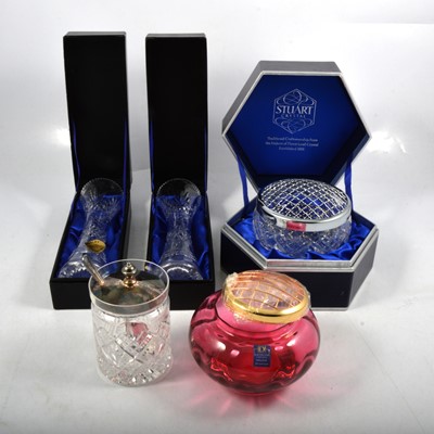 Lot 114 - Glass and silver-plated duck decanter / carafe canard, Stuart Crystal rose bowl and other glasswares.