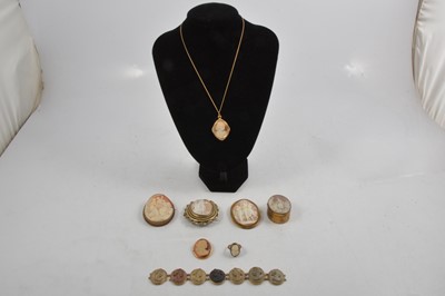 Lot 289 - A gilt metal lava cameo bracelet, shell cameo brooches.