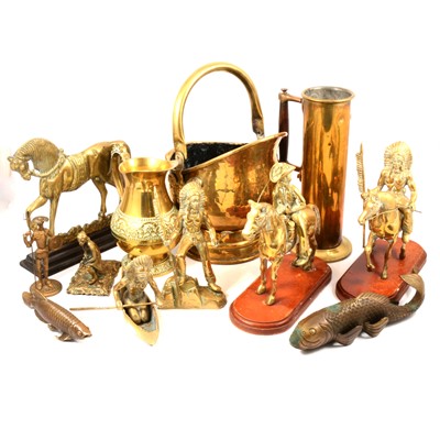 Lot 179 - Brass 'helmet' shape coal scuttle, vase, pitcher and figures.