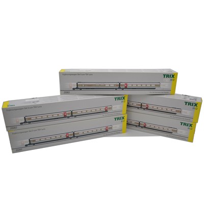 Lot 2 - Trix HO gauge model railways, 2-car sets 23260 (x2), 23262 (x2), 23263, TGV Lyria