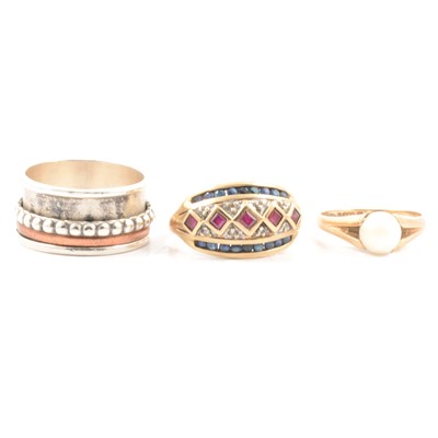 Lot 35 - Three dress rings, pearl, silver and sapphire and ruby.