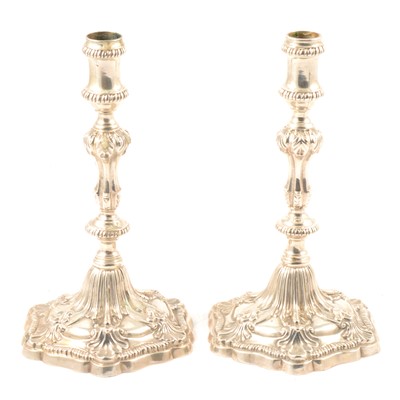 Lot 63 - Pair of George III silver taper candlesticks, possibly Ebenezer Coker, London 1765