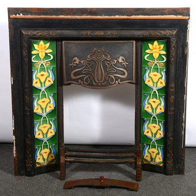 Lot 367 - Victorian style cast iron fire surround inset with Art Nouveau style tiles