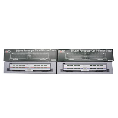 Lot 571 - Five Kato HO gauge model railways Amtrak bi-level passenger car 4-window coaches.