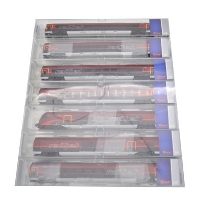 Lot 191 - Roco HO gauge model railways coaches, 7-car OBB 'Railjet', all cased.