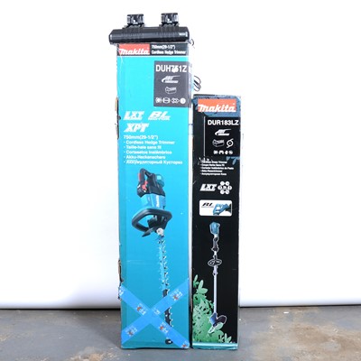 Lot 254 - Makita cordless hedge trimmer, Makita cordless Strimmer, two spare batteries and a duel charger.