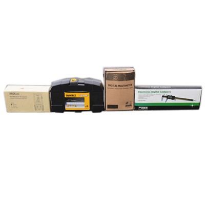 Lot 240 - Two boxes containing Digital multi meter, digital calipers, crossing laser, tape measures, etc.