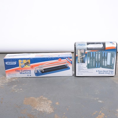 Lot 269 - A box of various tools including chisel set and tile cutter.