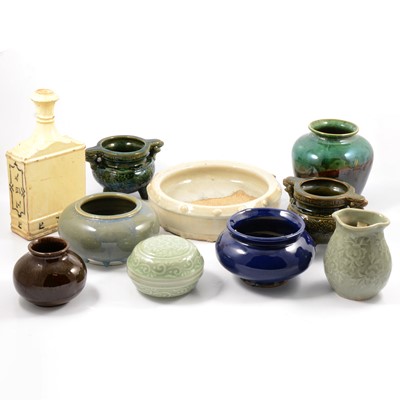 Lot 11 - Near pair of glazed earthenware censer-shaped vases, modern celadon ware and oriental pottery.