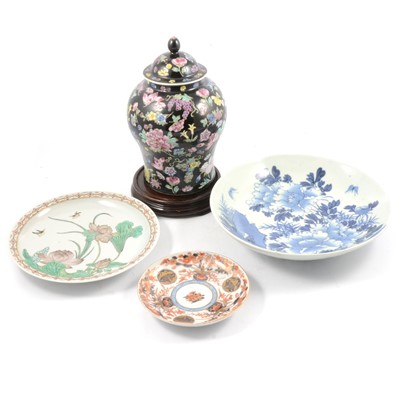 Lot 12 - Chinese famille noir covered jar, pair of plates with water lilies and other oriental ceramics.