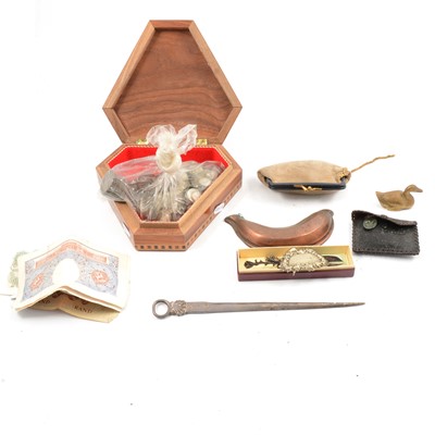 Lot 151 - Georgian silver meat skewer, William Eley & William Fearn, London 1804, coins, bank notes.