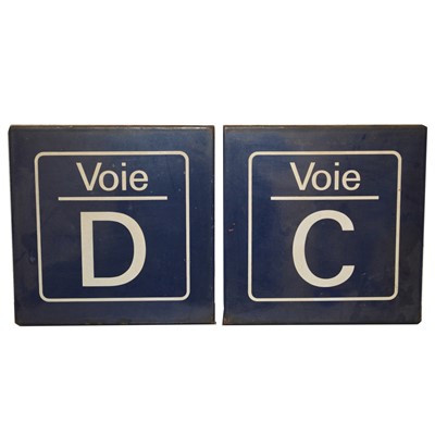 Lot 64 - Two original French road/railway station enamel signs, Voie D and Voie C.