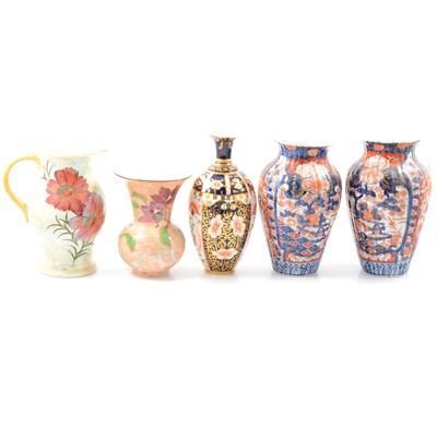 Lot 42 - Near pair of Oriental Imari style vases, Royal Crown Derby and Royal Doulton vases and jug.