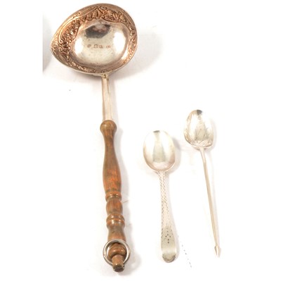 Lot 56 - George III silver mote spoon, probably by Hester Bateman; teaspoon and a ladle