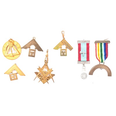 Lot 132 - Masonic interest - Seven silver-gilt and metal Masonic jewels.