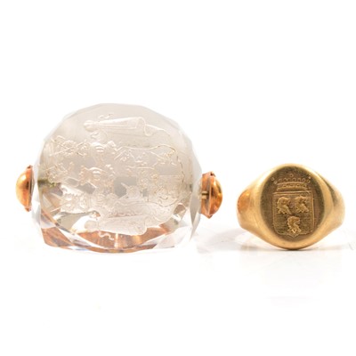 Lot 69 - An 18 carat gold signet ring and crystal intaglio seal - Leijonhfvud family crest.