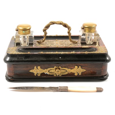 Lot 32 - Victorian walnut ebonised and brass-mounted desk stand
