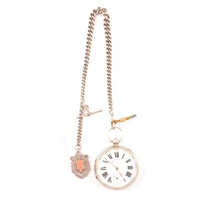 Lot 278 - A Victorian silver open-face pocket watch, with Albert watch chain, T-bar and fob.