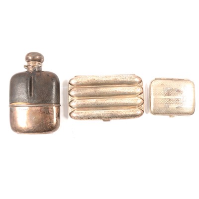 Lot 91 - Silver mounted hip flask, silver cigar case and metal cigarette case