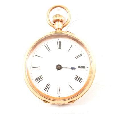Lot 270 - A yellow metal open face fob watch.