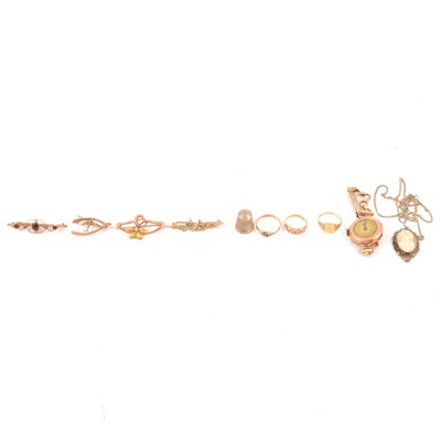 Lot 248 - Four bar brooches, three rings, wristwatch, thimble, pendant and chain.