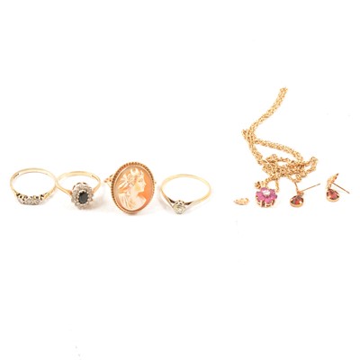 Lot 84 - A collection of jewellery, four rings, pendant and chain, earrings.