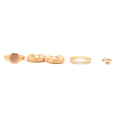 Lot 147 - a pair of 9 carat gold earrings, signet ring, CZ ring, three findings.