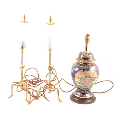 Lot 201 - Pair of Edwardian style brass table lamps and a modern table lamp.