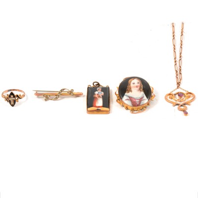 Lot 232 - Edwardian necklace, two porcelain pieces, mourning ring and brooch.