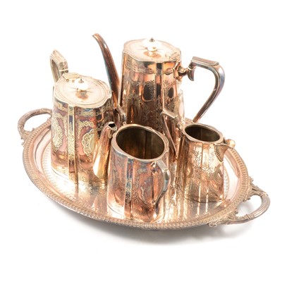 Lot 141 - Victorian silver plated four-piece tea and coffee service, on an oval plated tray.