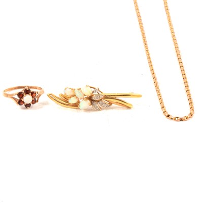 Lot 240 - A rose metal belcher link chain, opal brooch and a garnet and pearl ring.