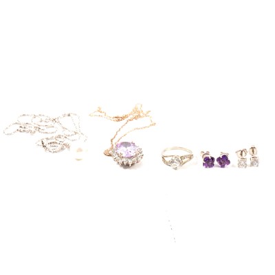Lot 227 - Two pendants and chain, two pairs of solitaire earrings, a synthetic solitaire ring.