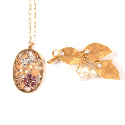 Lot 241 - A pearl and diamond brooch and garnet pendant and chain.