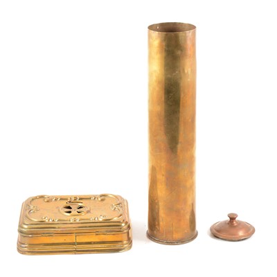 Lot 128 - Collection of metal ware including brass tray, foot warmer, Christoffel cutlery, etc.