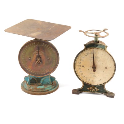 Lot 167 - Hanging oil lamp, shades, kitchen scales, etc.