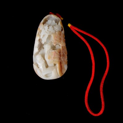 Lot 217 - Jade-type carved pebble, Elder and another figure