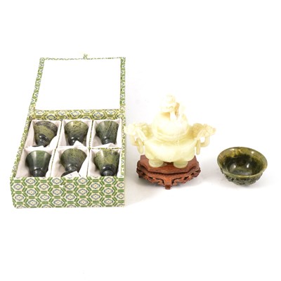 Lot 218 - Chinese carved small bowl, and a vase with lion handles and finial, boxed set of six small cups